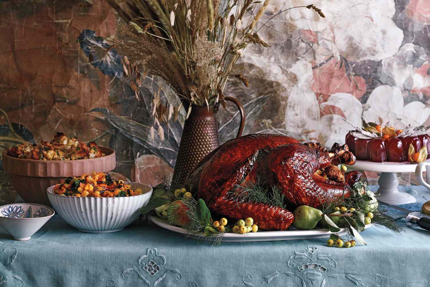 Thanksgiving day spread with dishes and food