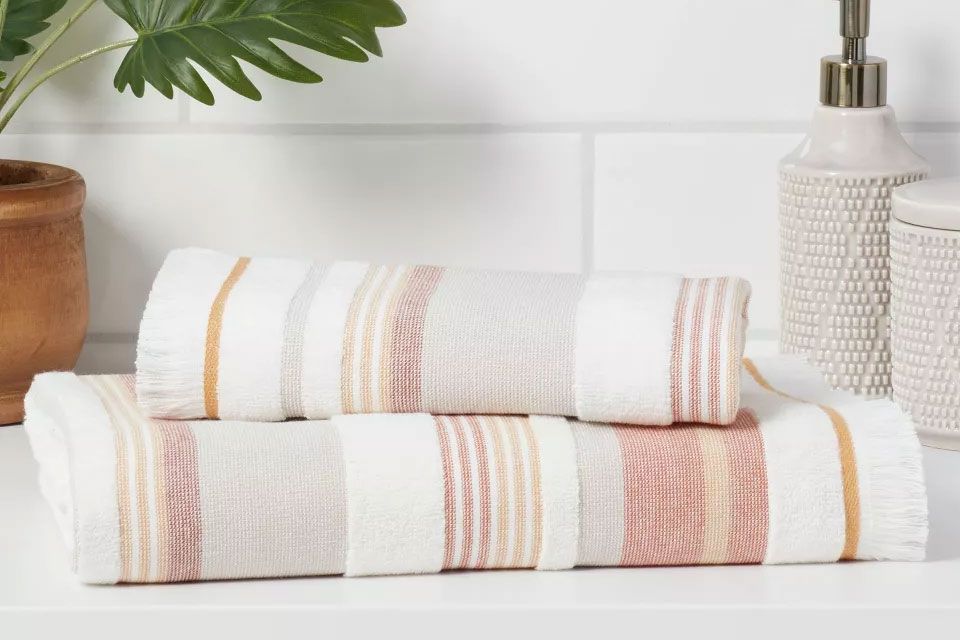 Threshold Striped Flat Woven Towel Clay Pink
