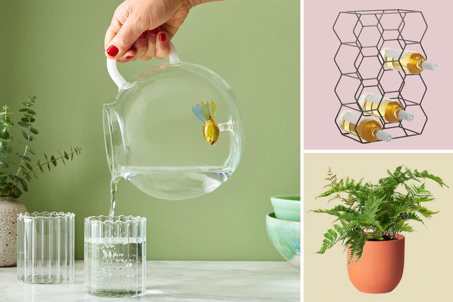 鱼缸茶壶，酒金属架和植物的合成图像