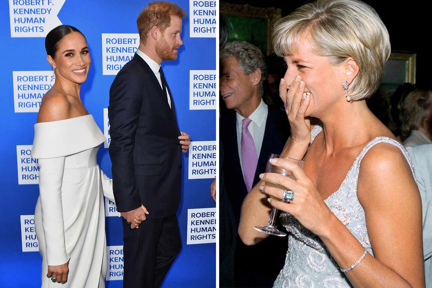 Pictured Left: Prince Harry, Duke of Sussex, and Meghan, Duchess of Sussex, arrive at the 2022 Robert F. Kennedy Human Rights Ripple of Hope Award Gala at the Hilton Midtown in New York City on December 6, 2022. Pictured right: JUNE 02: Diana, Princess Of Wales At The Christie's Pre-auction Party For The Launch Of The Auction Of Dresses. She Is Wearing A Dress By Fashion Designer Catherine Walker.