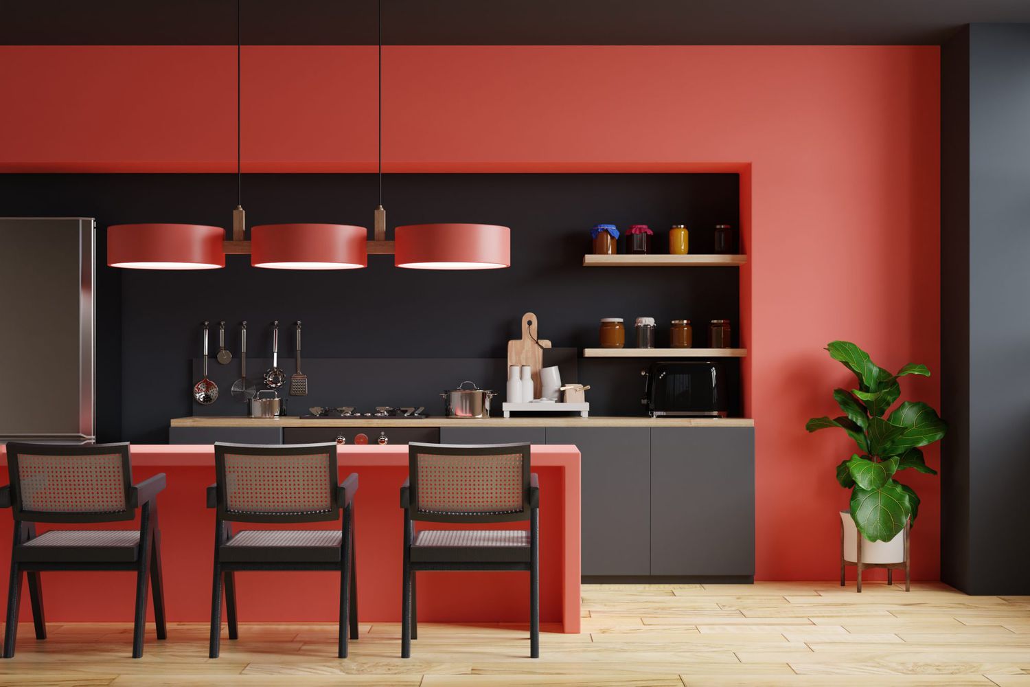 Modern style kitchen interior design with red and black wall.
