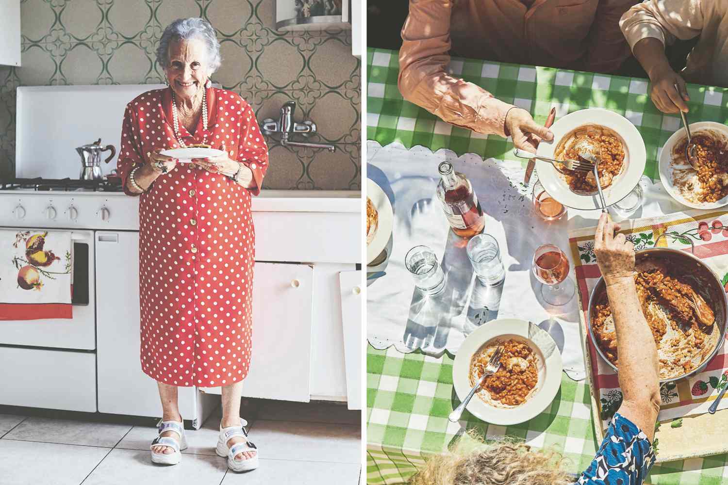 Pasta Granny holding plate aside image of hands eating food