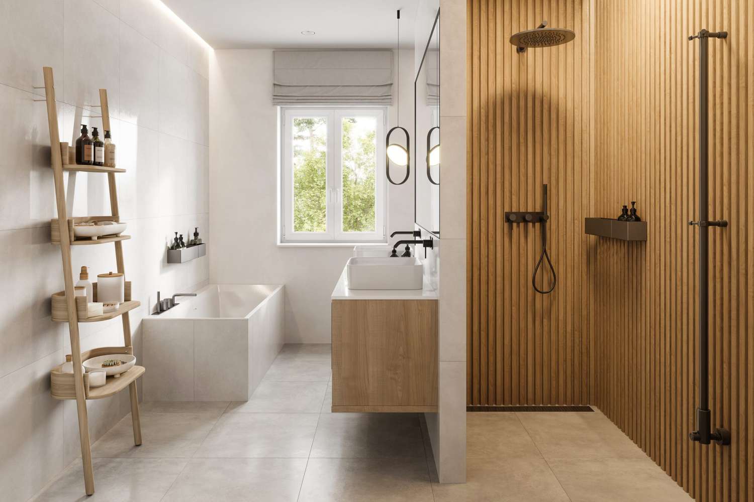Luxurious spa bathroom with tub and rain shower