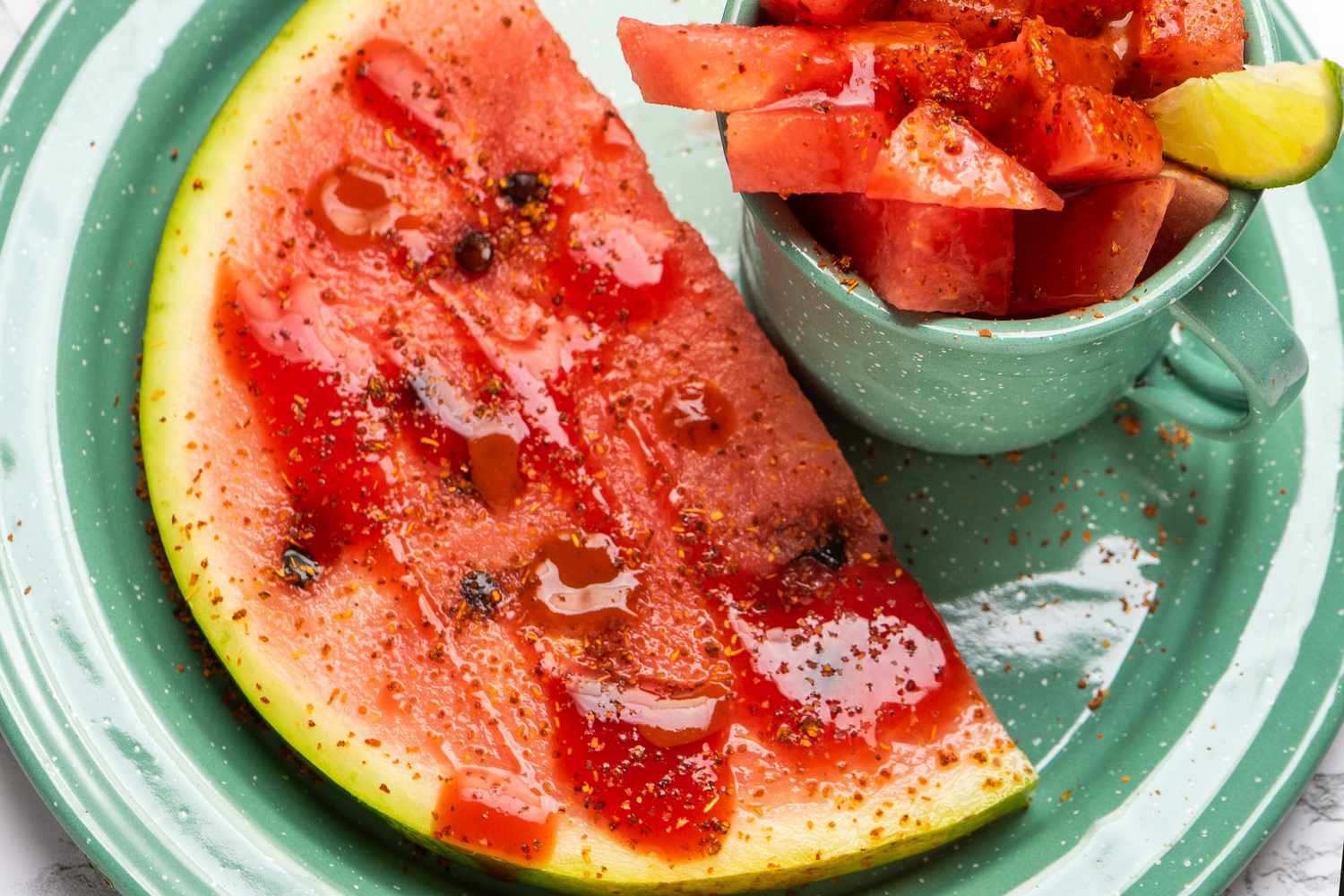 Watermelon with chili powder and hot sauce