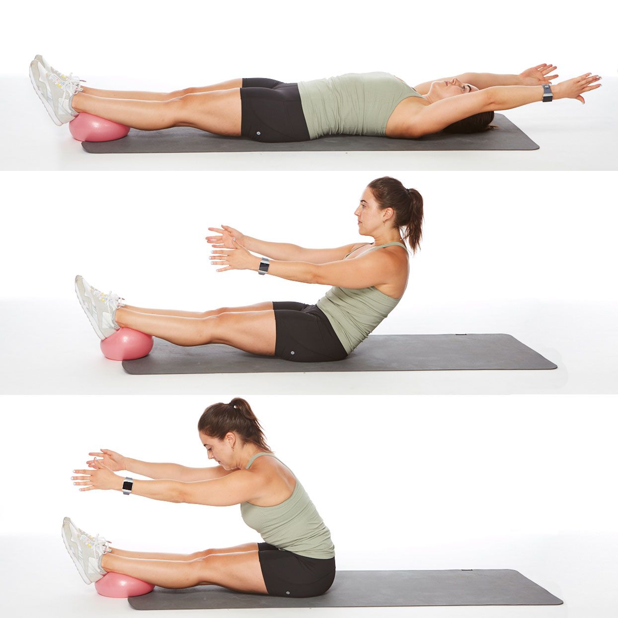 woman demonstrates pilates roll up with ball core exercise