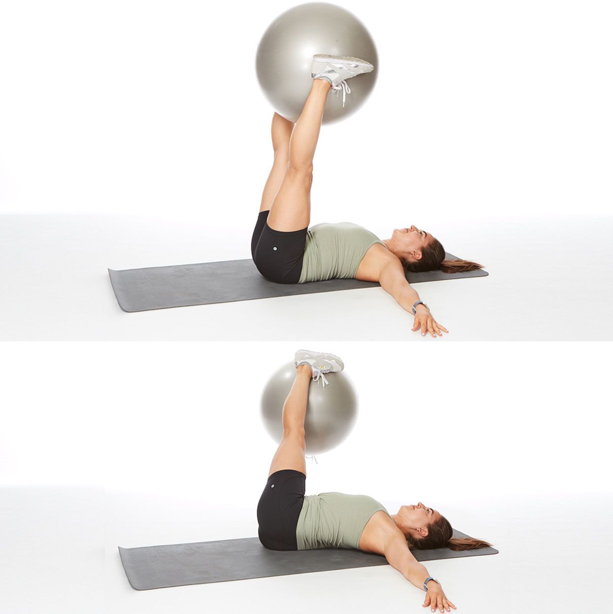 woman demonstrates supine oblique ball twist core exercise