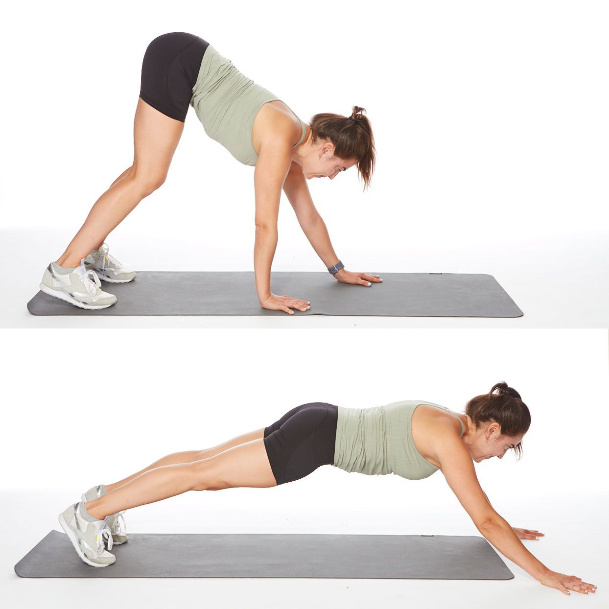 woman demonstrates walkout core exercise