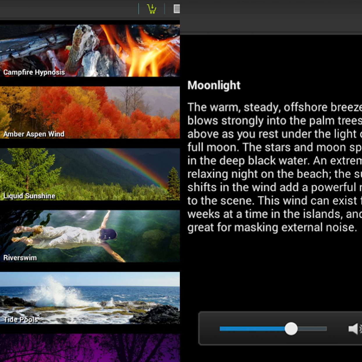 screenshots of nature sounds app