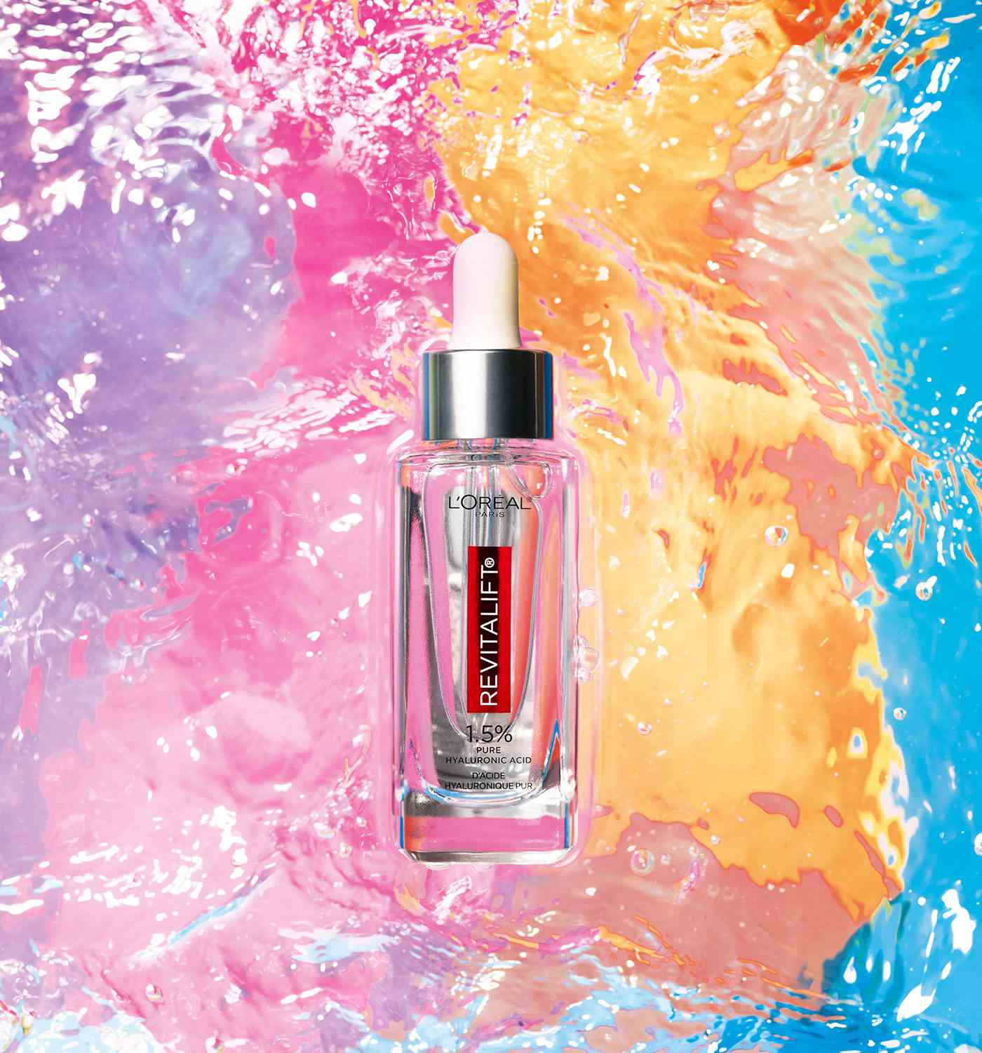 L’Oréal Paris Revitalift bottle colorful water ripple background