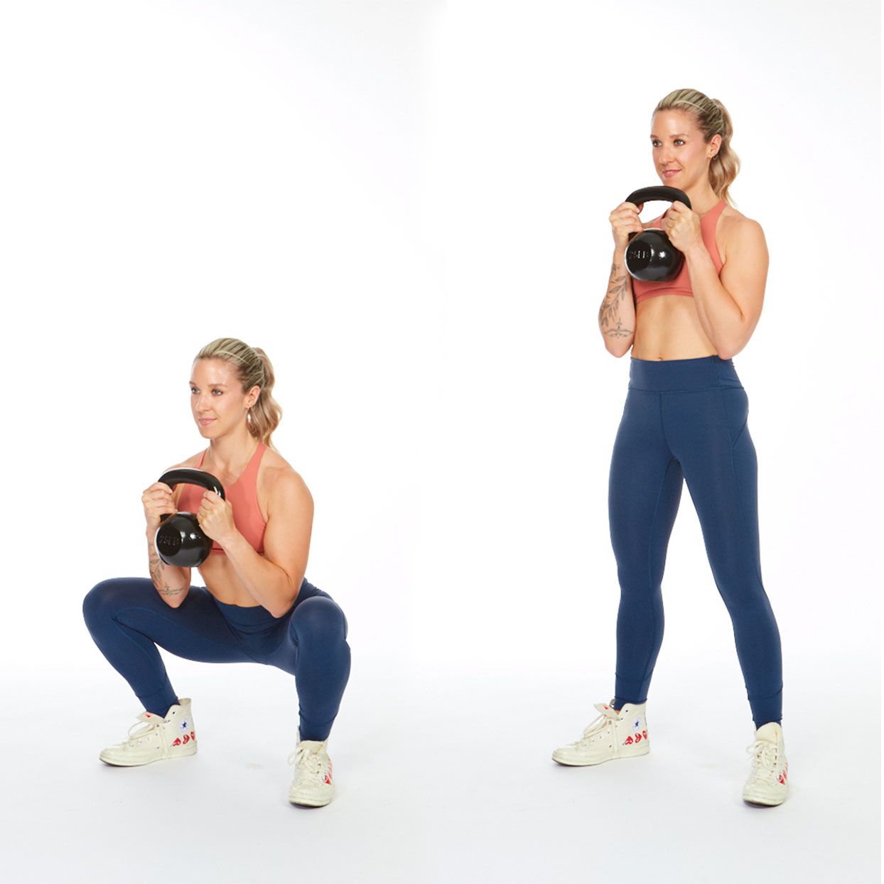 
                             	Stand with feet hip-width apart, holding the kettlebell with both hands at your chest. Draw shoulders down and back.
                             	Keeping chest lifted, bend knees and shift hips back to lower into a squat (lower hips until thighs are parallel to the ground).
                             	Press heels into the floor and engage your glutes to return to standing.
                            <p>Do 10 reps.</p><p>Kettlebell workout tip: Make sure knees are pressed out or pointing straight ahead the entire time, not buckling in.</p>