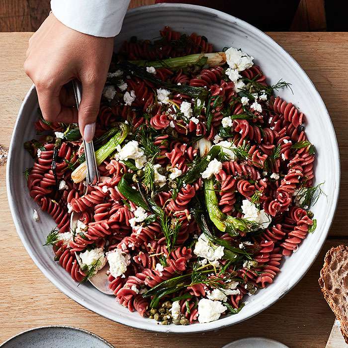Beet Fusilli With Charred Spring Onions, Capers, and Feta 