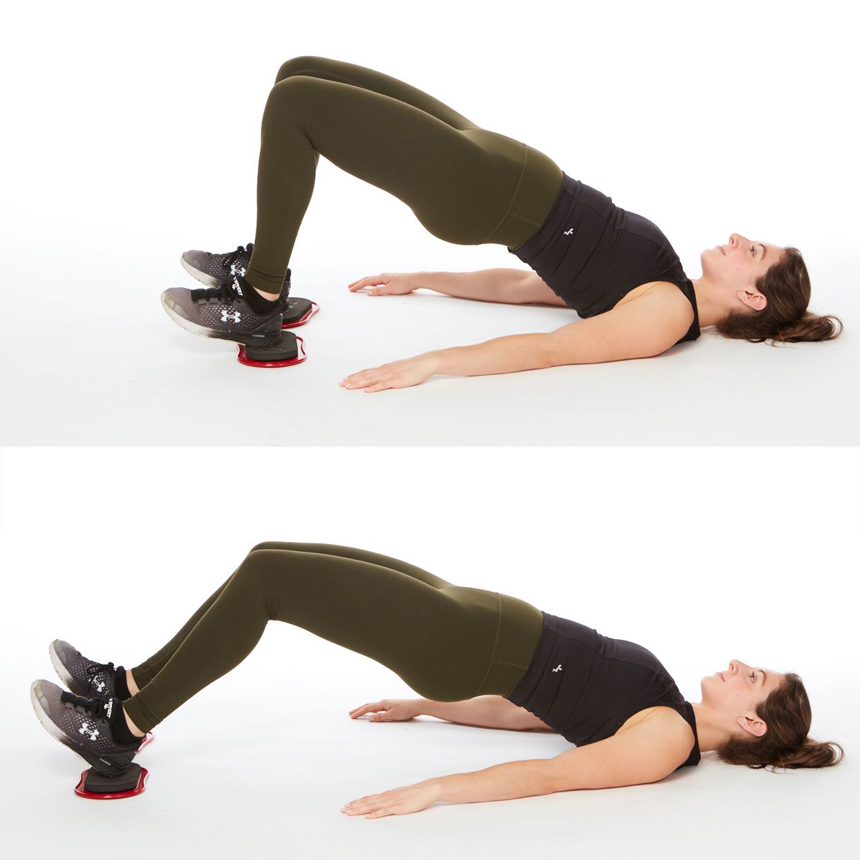 woman in workout clothes demonstrating how to do a hamstring slider curl glute exercise