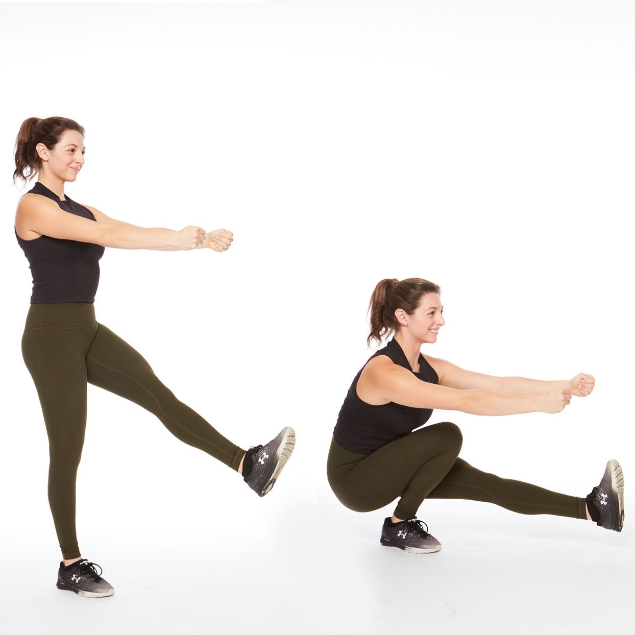 woman in workout clothes demonstrating how to do a pistol squat glute exercise