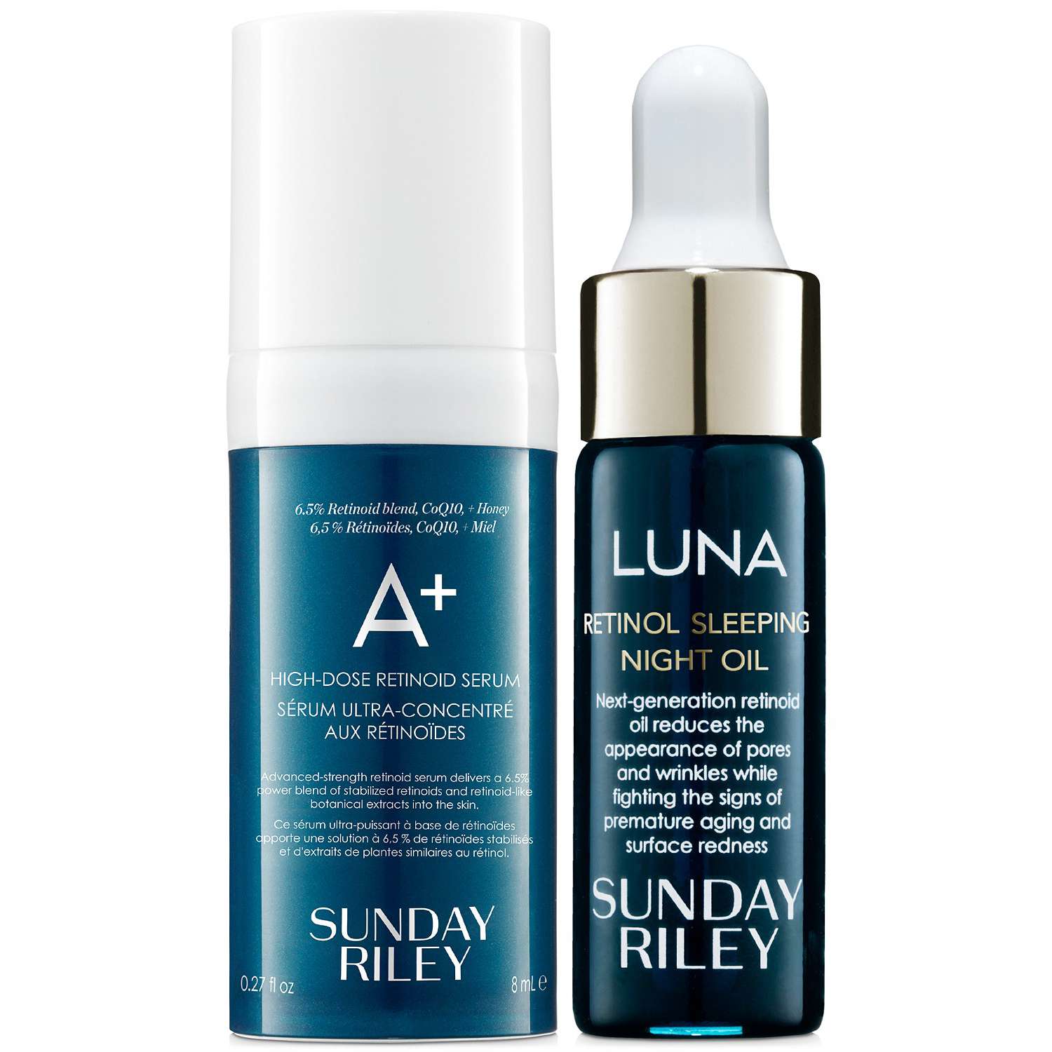 Sunday Riley A+ and Luna Retinol Trial set from Macys with Sunday Riley A+ High Dose Retinoid Serum and Luna Sleeping Night Oil