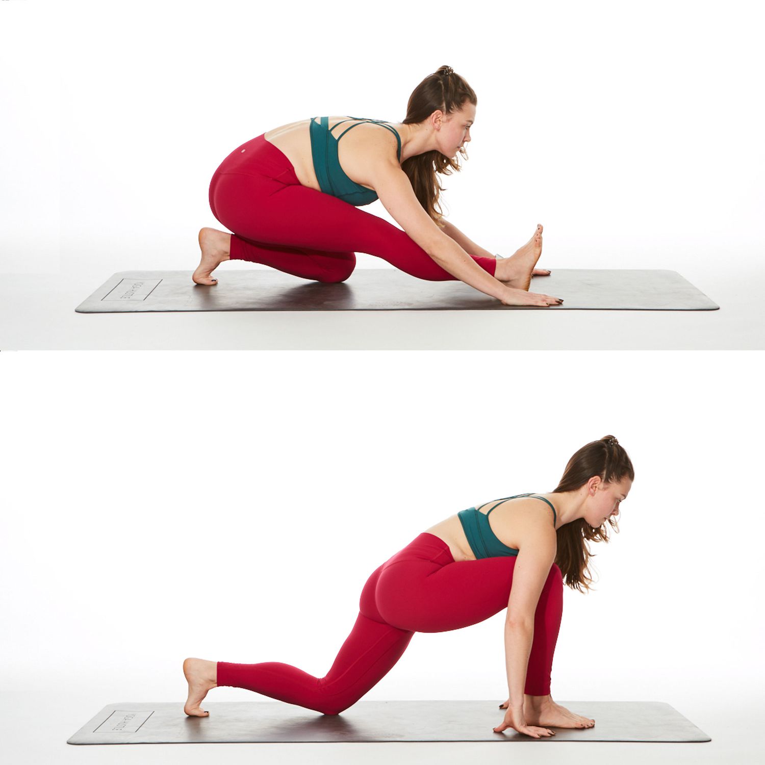 best hamstring stretches: woman demonstrating a moving low lunge stretch