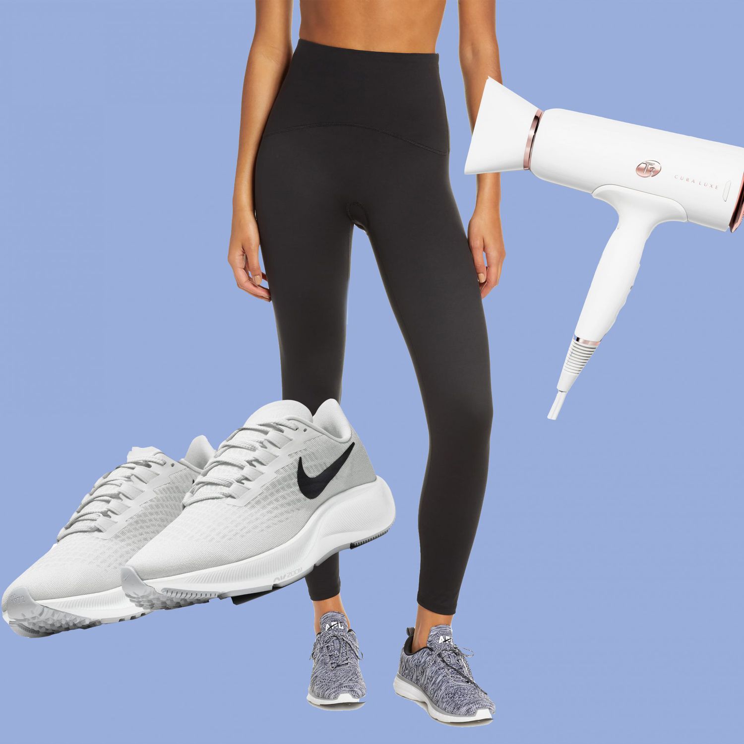 Nordstrom Anniversary Sale 2020 with spanx booty boost leggings white nike pegasus tennis shoes and white t3 hairdryer on blue background