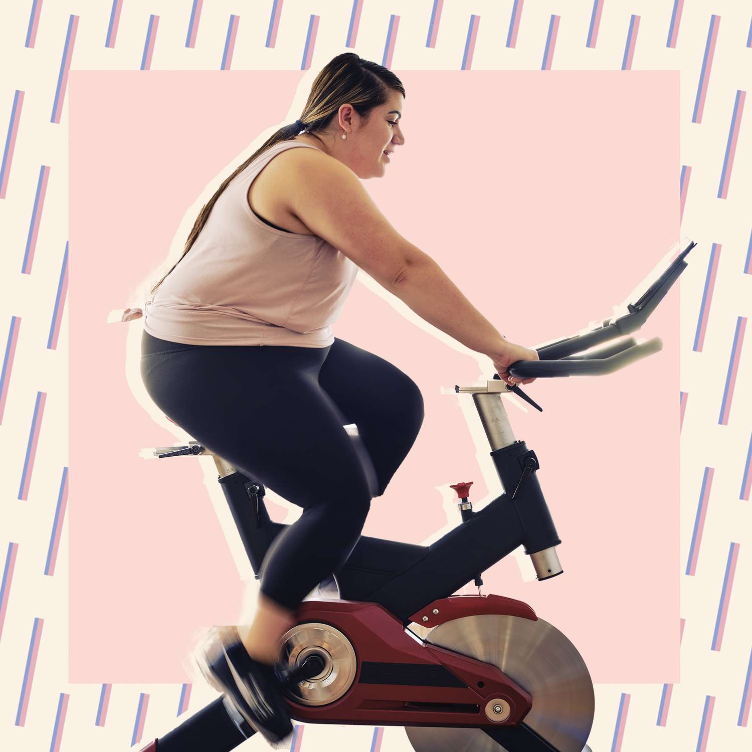 A woman exercising in her home on an exercise bike.
