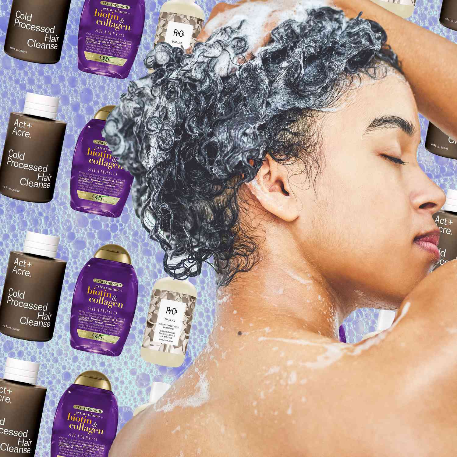 Woman Shampooing Hair on a Background of Best Hair Thickening Shampoos