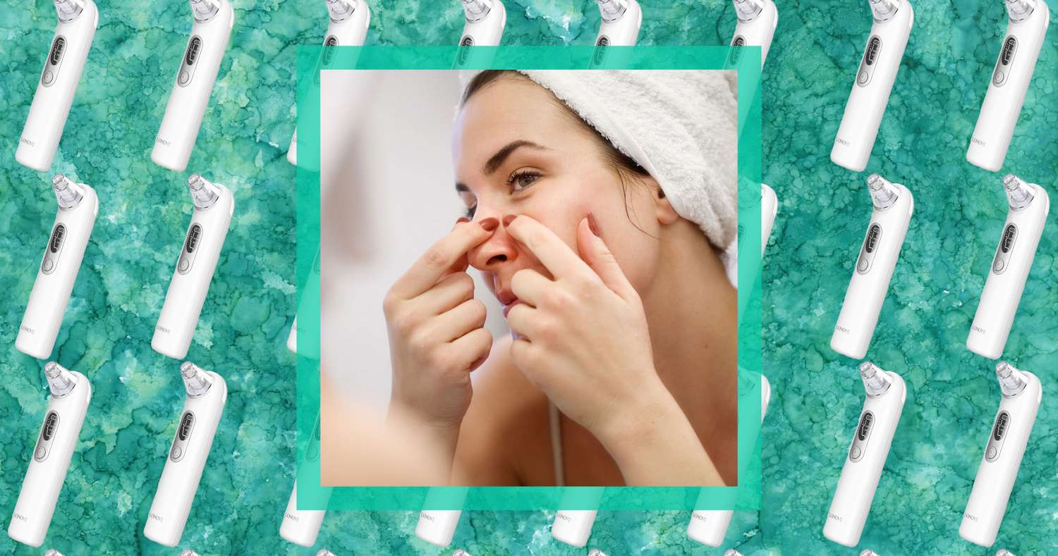 Close Up Of Woman Trying to Pop Pimple In a Mirror On Background of Product Pattern