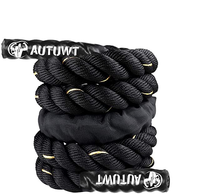 autwut heavy jump rope coiled black rope with rubber grip stamped with logo