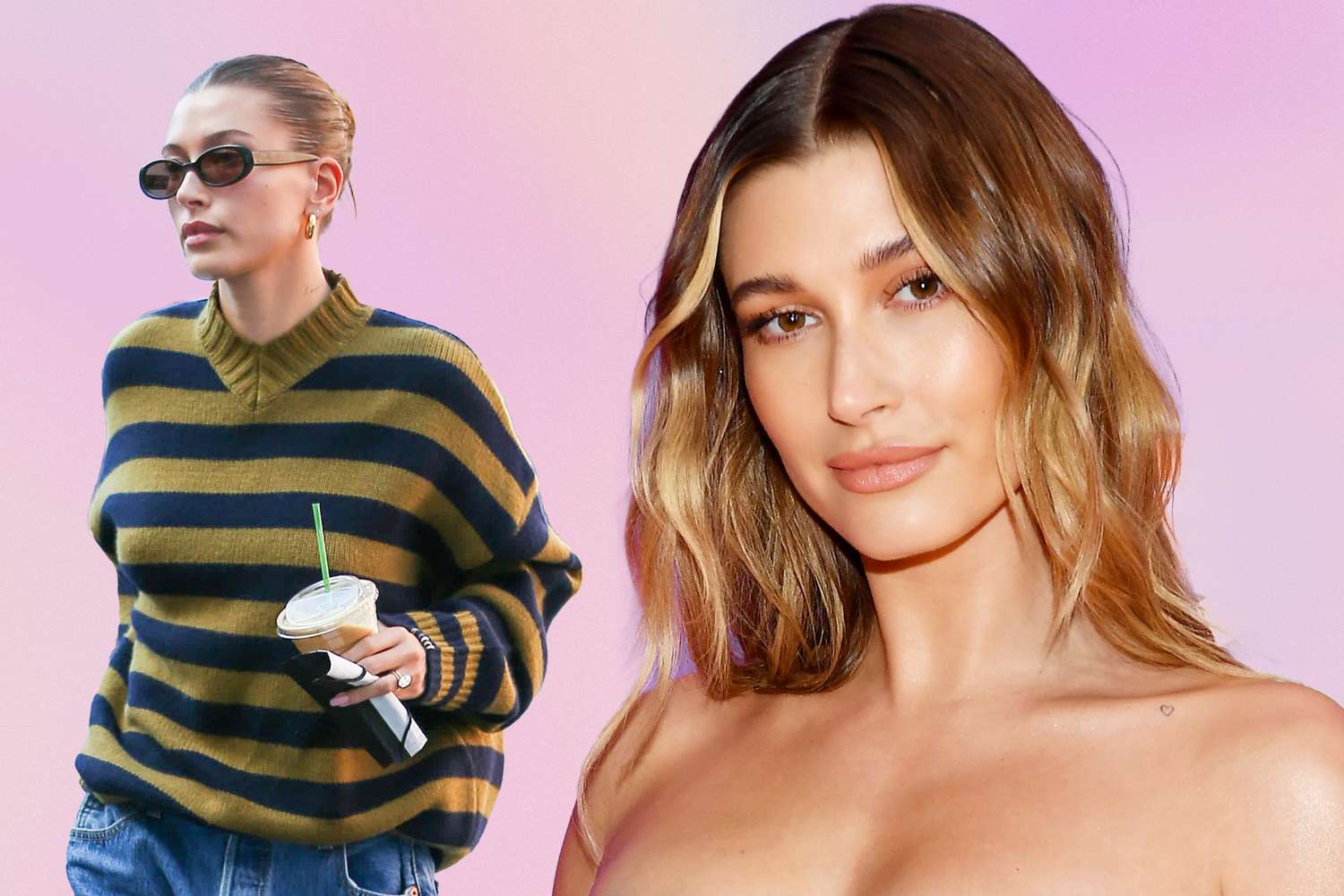 Two images of Hailey Bieber with light, natural, glowy makeup on the street and red carpet