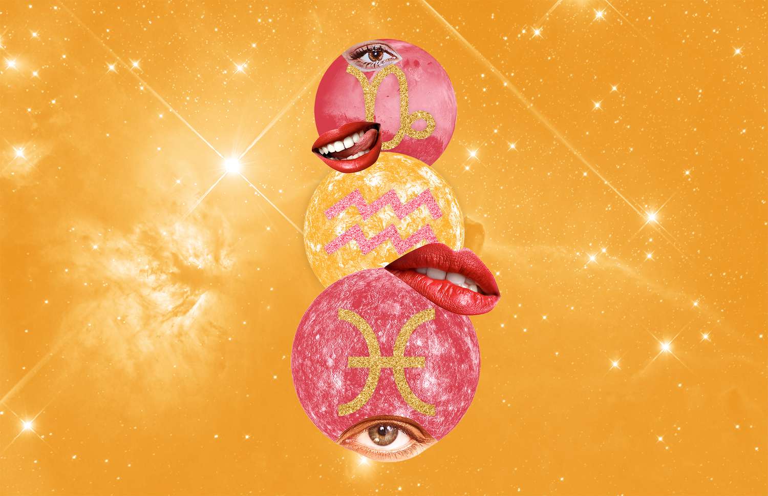 planets red lips and zodiac signs on galaxy orange background