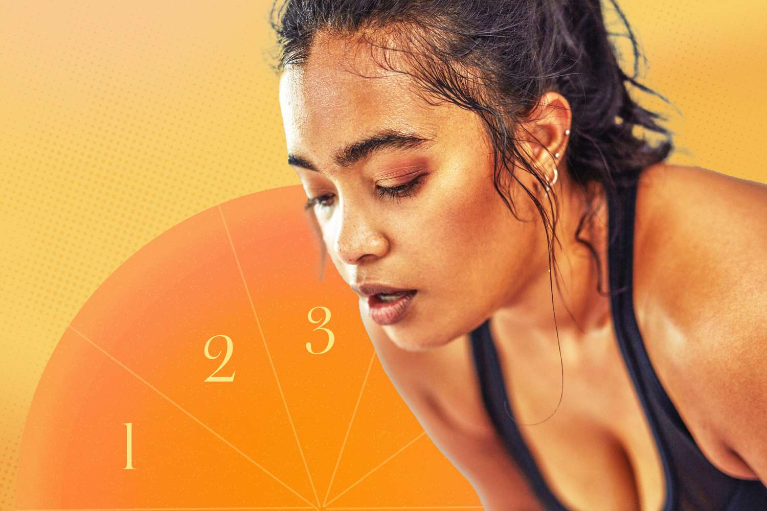 Woman looking exhausted after a workout with a Rating of Perceived Exertion scale RPE behind her against an orange background