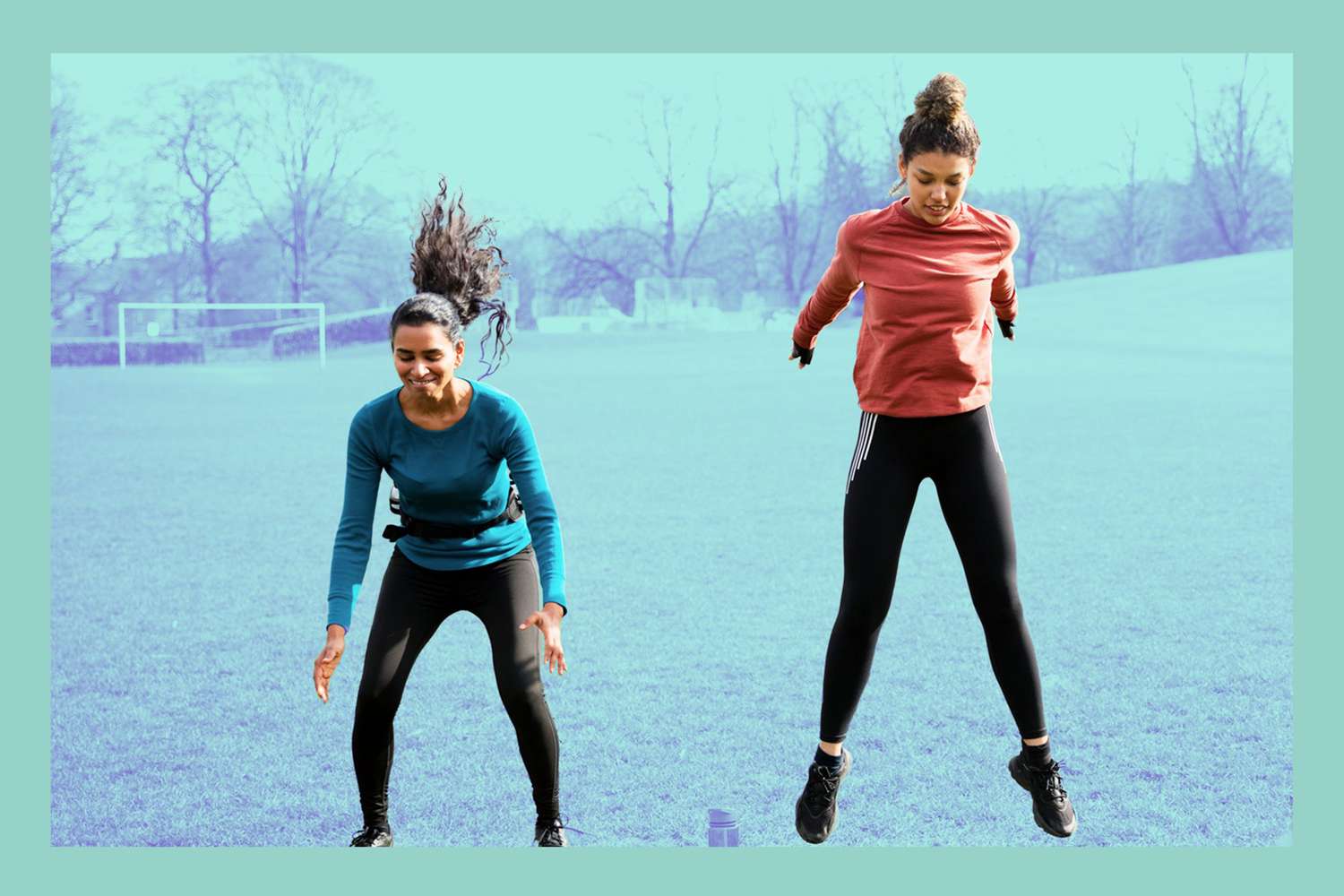A diverse group of women exercising, jumping in the air doing burpees in a public park surrounded by nature. They are working out in their community to get exercise and spend quality time together.
