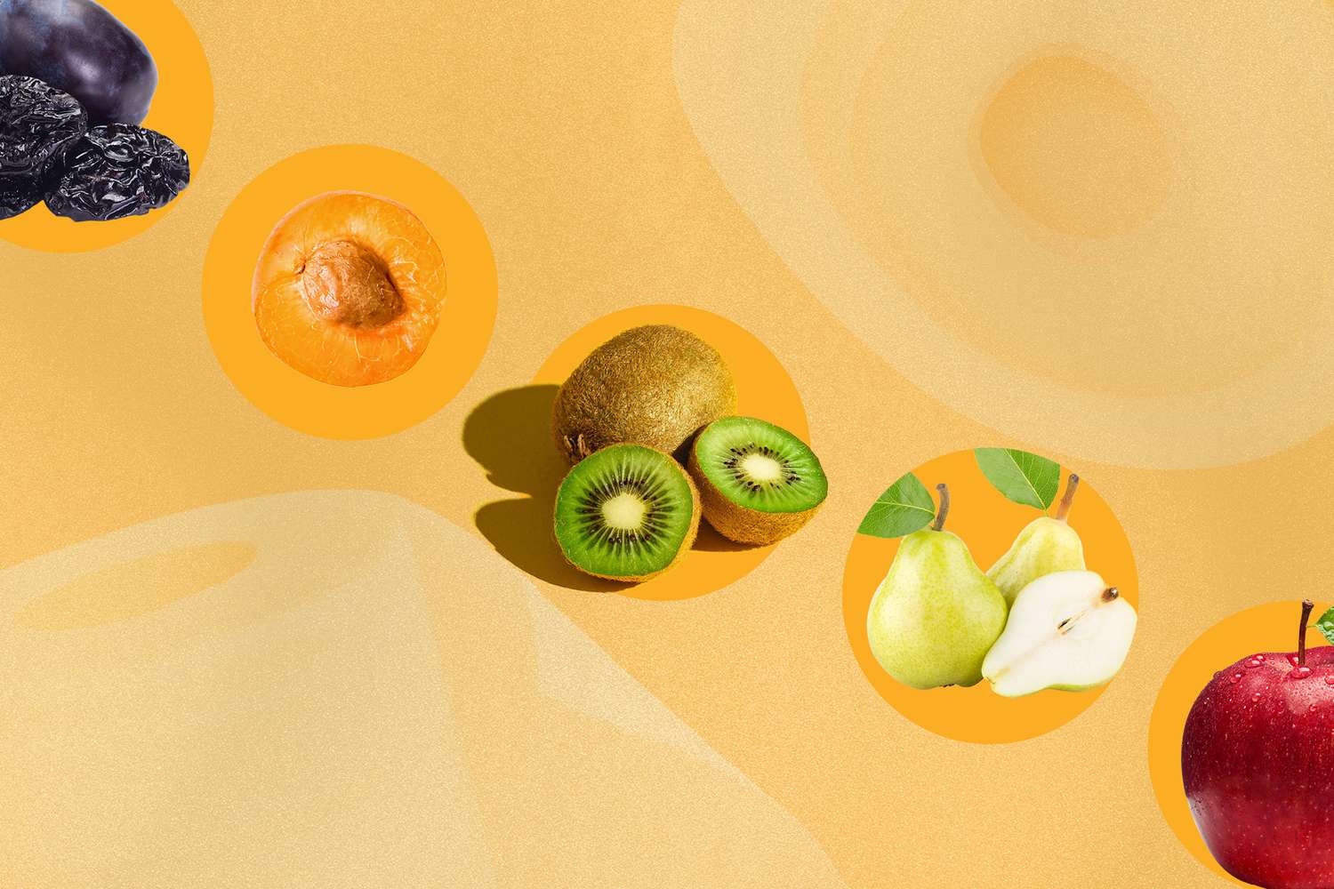 kiwis, pears, apple, prunes and apricot inside circles with toilet and toilet paper background