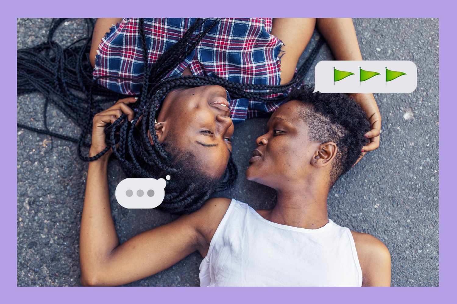 Top down view of 2 girlfriends laying on ground with green flags in a thought bubble