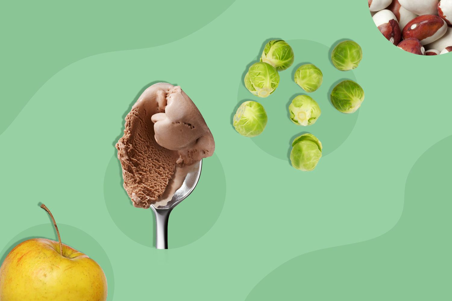 Images of apple, ice cream, brussel sprouts, and beans against a green background