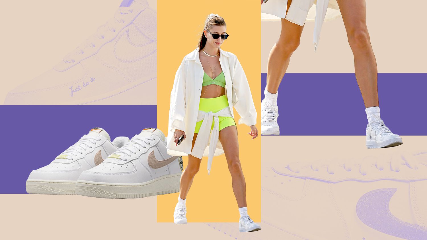 Hailey Bieber Walking surrounded by Air Force 1 shoes inside rectangles