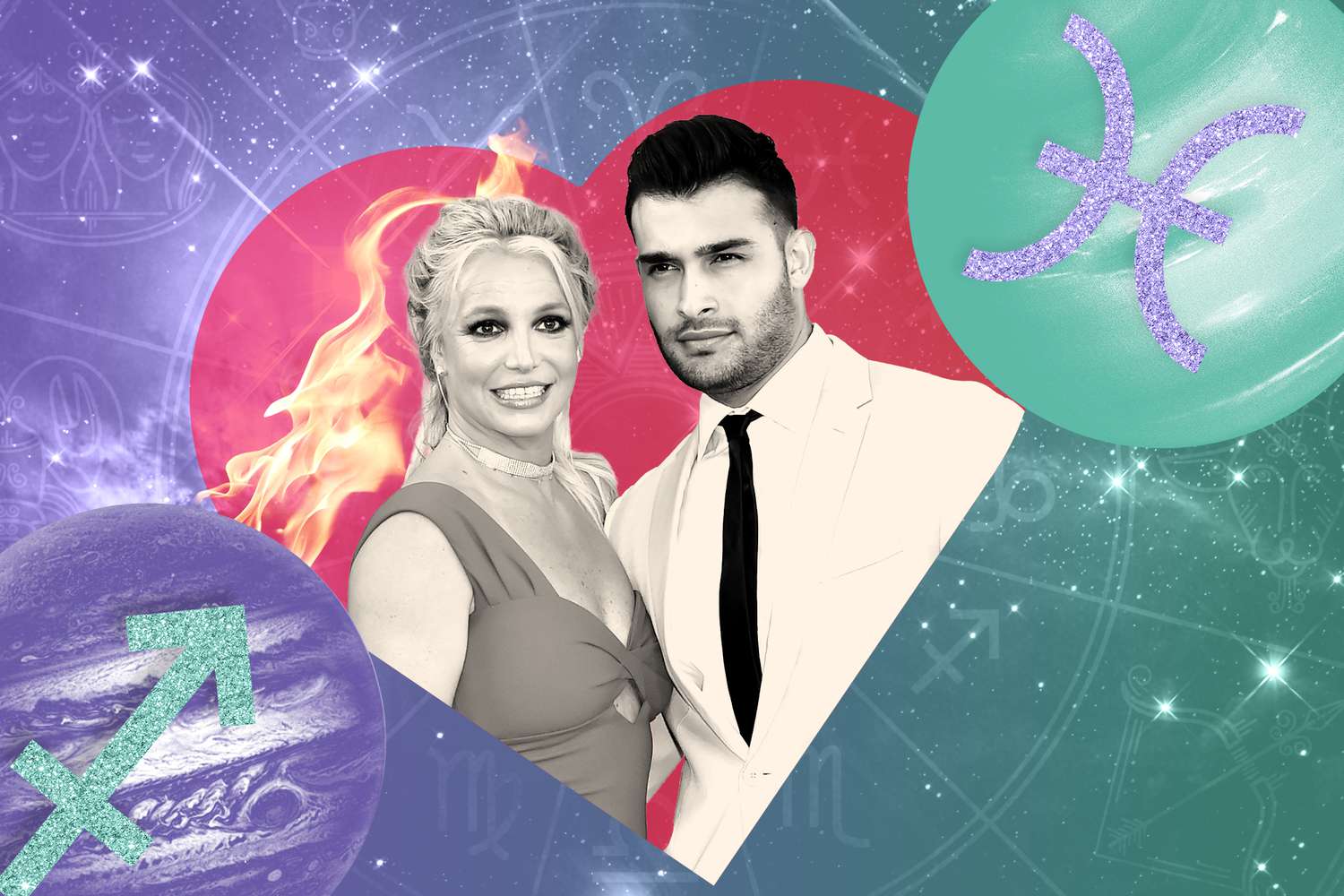 Britney Spears and Sam Asghari inside a heart surrounded by stars planets and zodiac signs