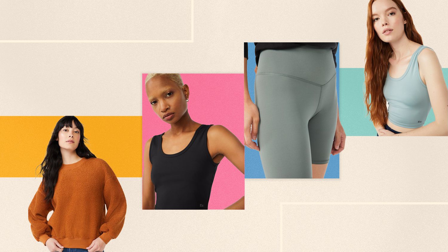 models wearing free assembly activewear inside rectangles