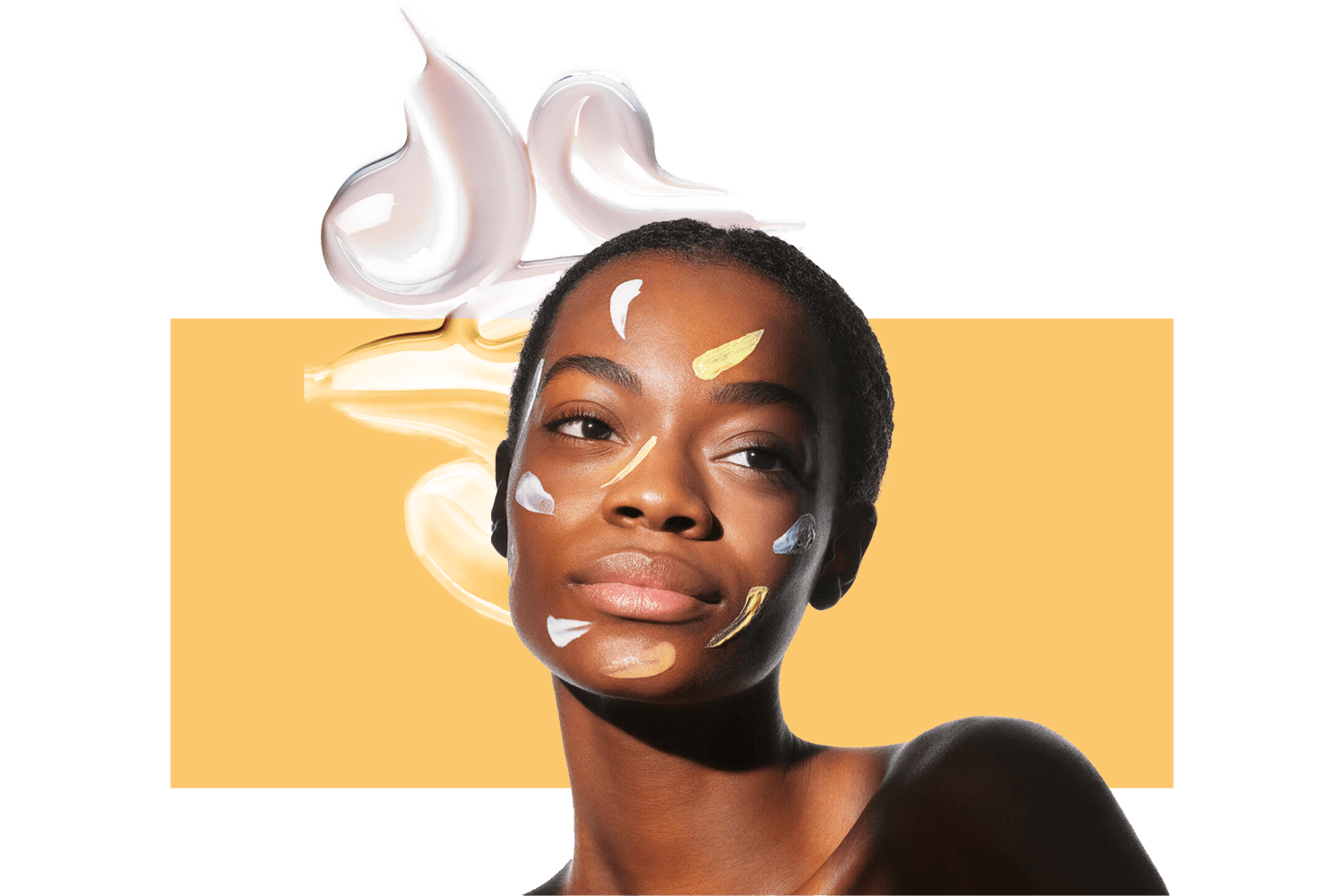 model with various creams on face inside rectangle with cream texture