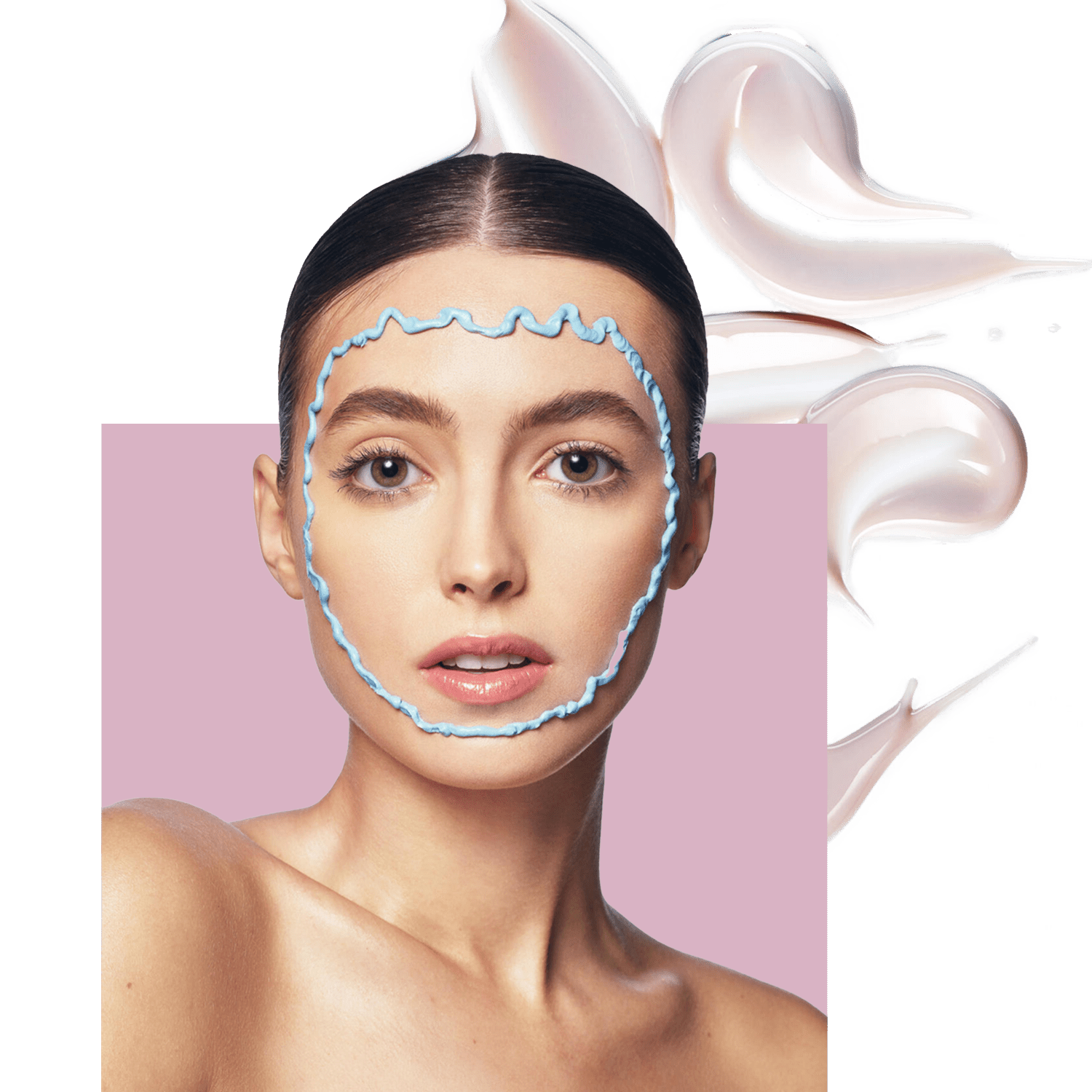 model with cream on face inside rectangle with cream texture