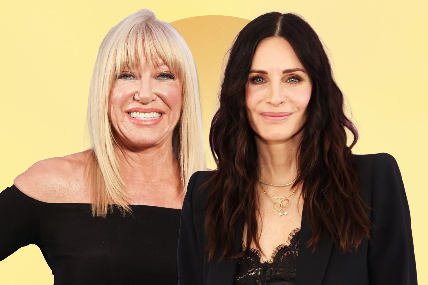 Courtney Cox and Suzanne Somers against a yellow background