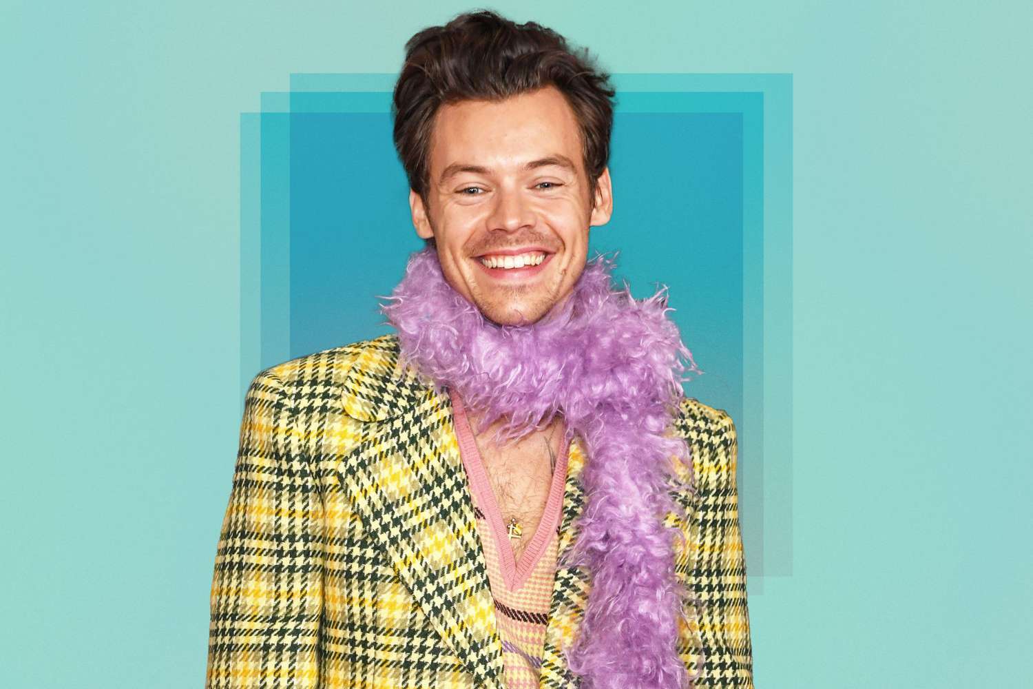 Harry Styles attends the 63rd Annual GRAMMY Awards wearing a yellow plaid blazer and purple scarf against a teal blue background