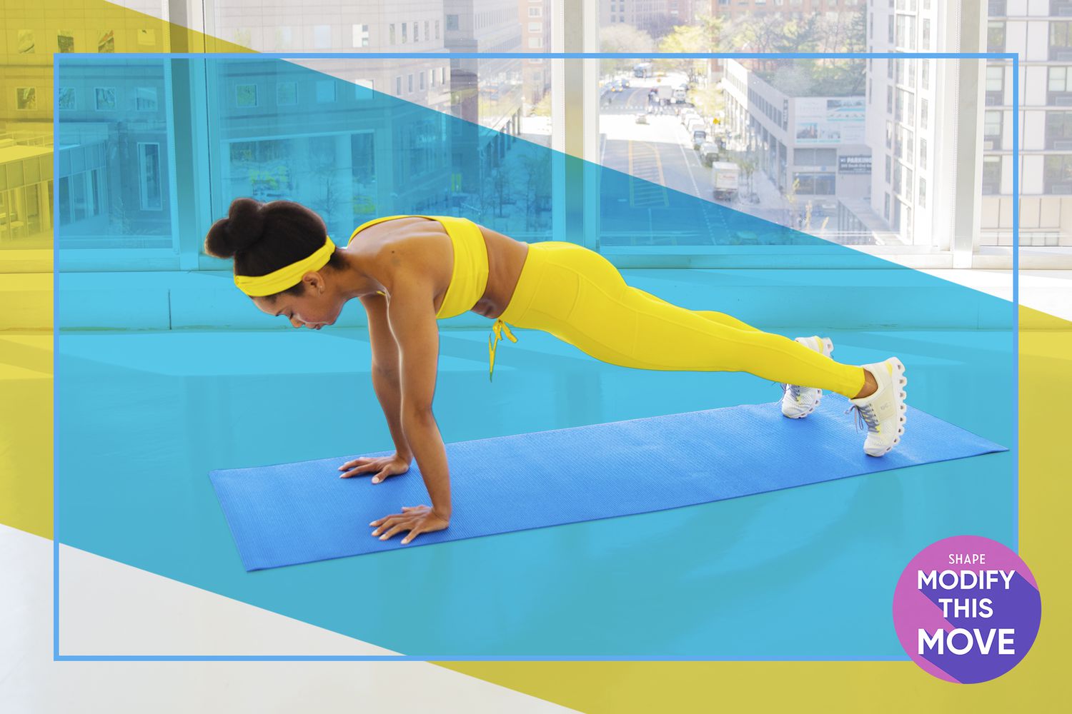 Woman doing plank on blue mat with color shapes overlaid