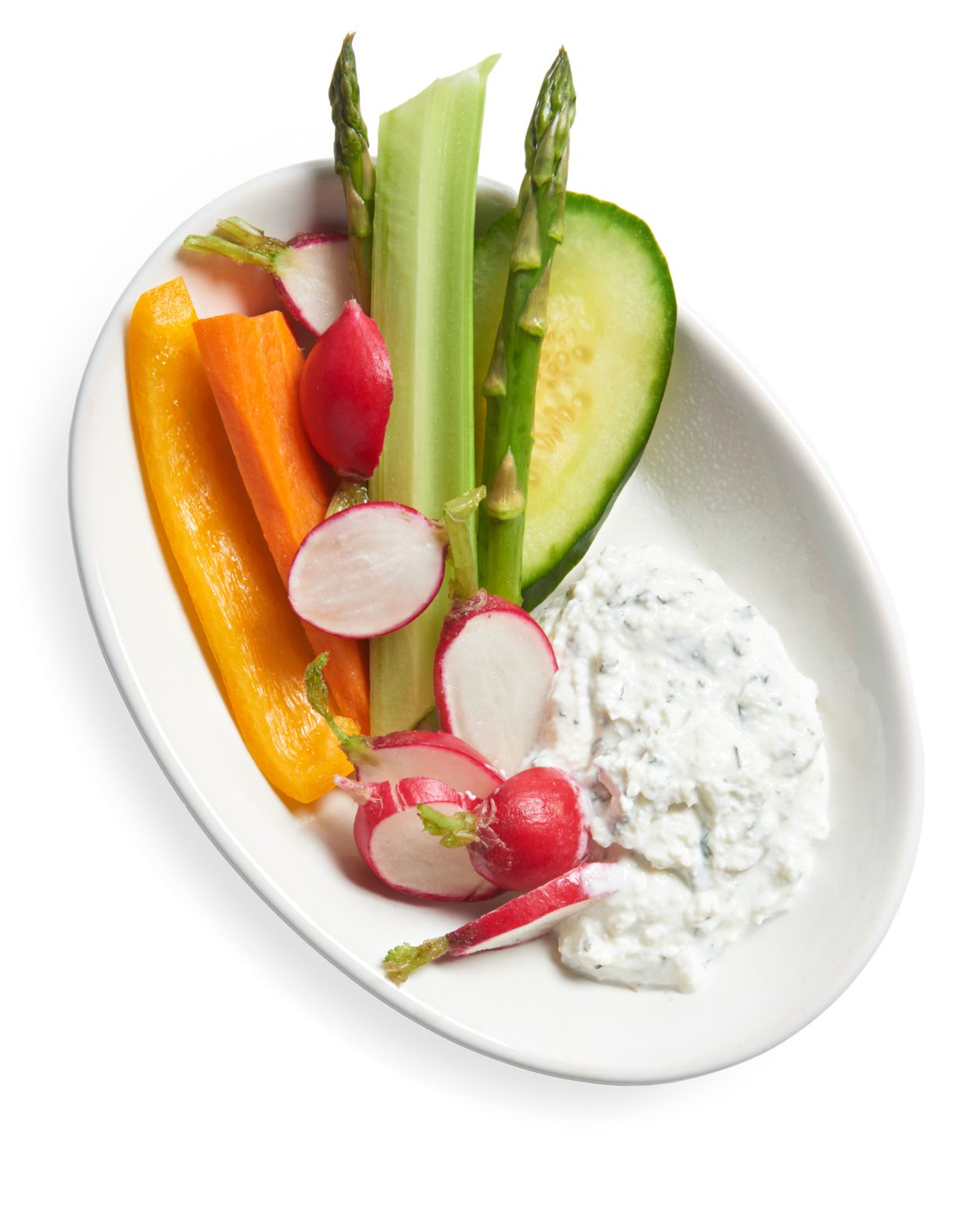 Cottage Cheese-Dill Dip on white plate with assorted raw vegetables