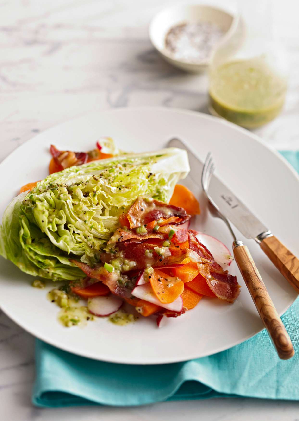 Iceberg Wedge Salad with Bacon, Carrots, and Radishes