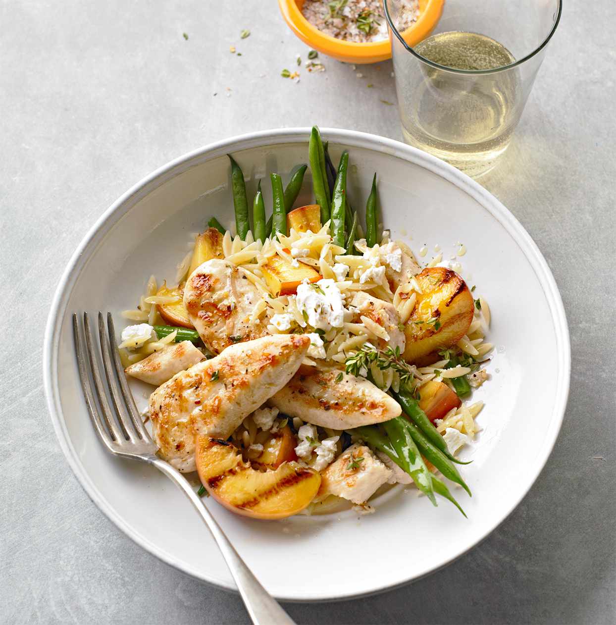 Grilled Chicken and Peaches with Green Beans and Orzo