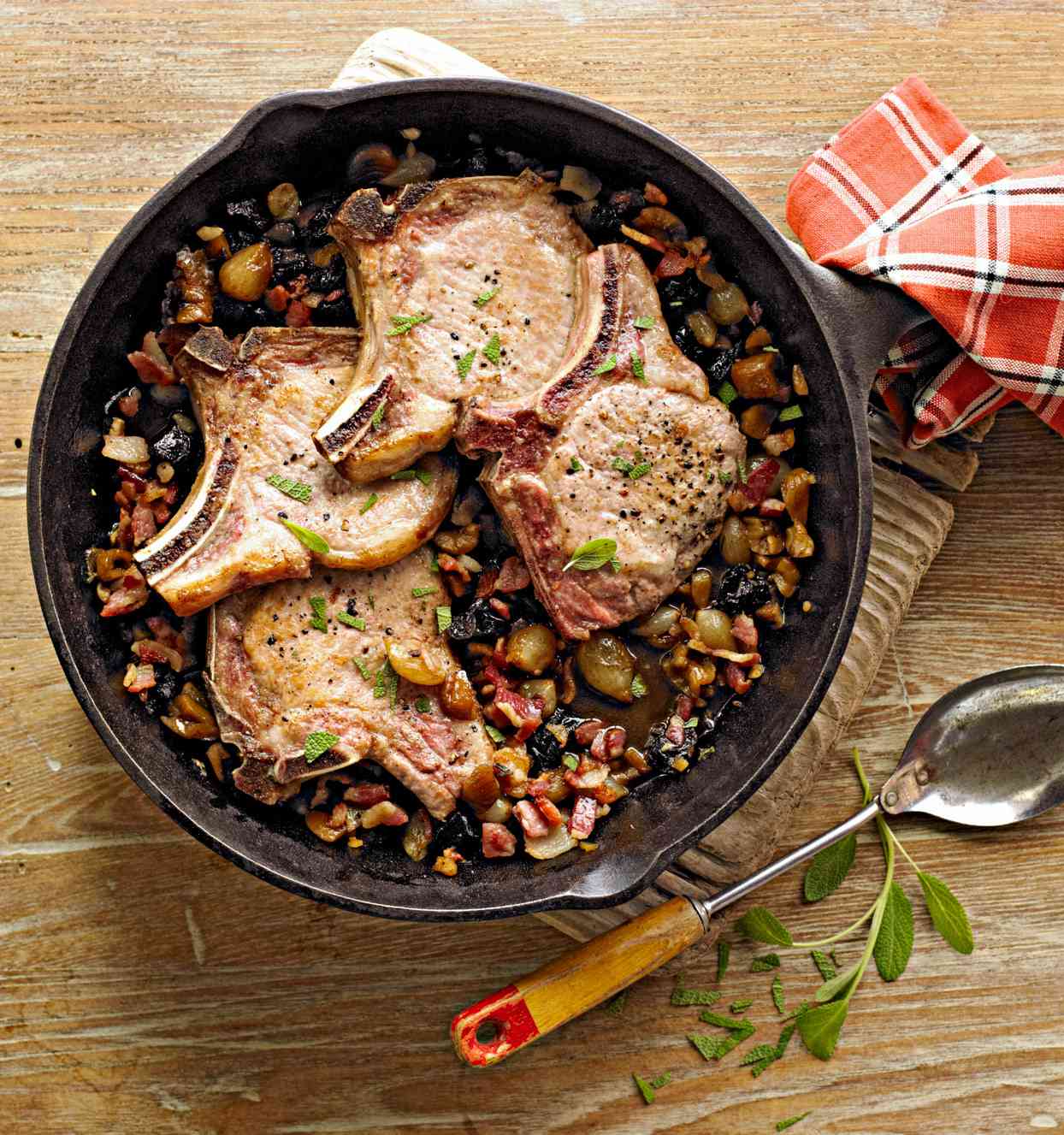 Pork Chops with Chestnuts, Onions, and Dried Plums 