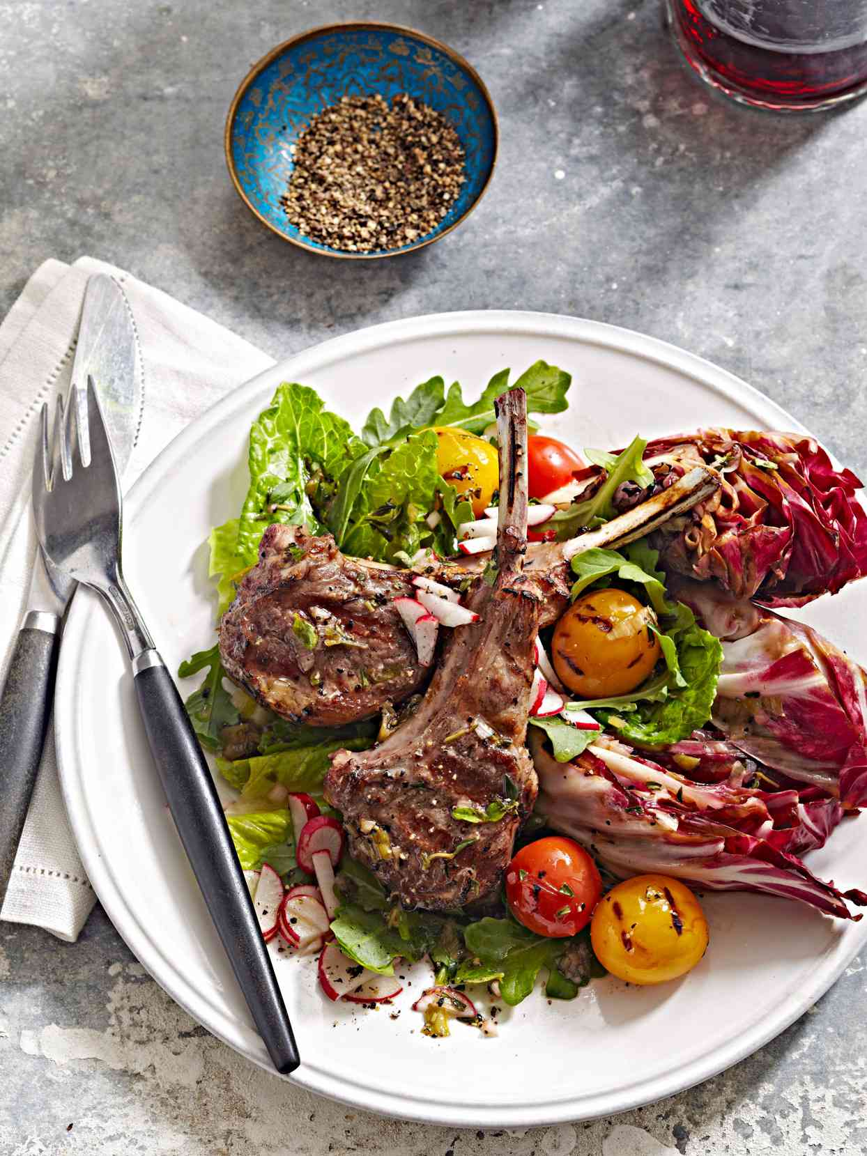 Warm Salad with Lamb Chops and Mediterranean Dressing