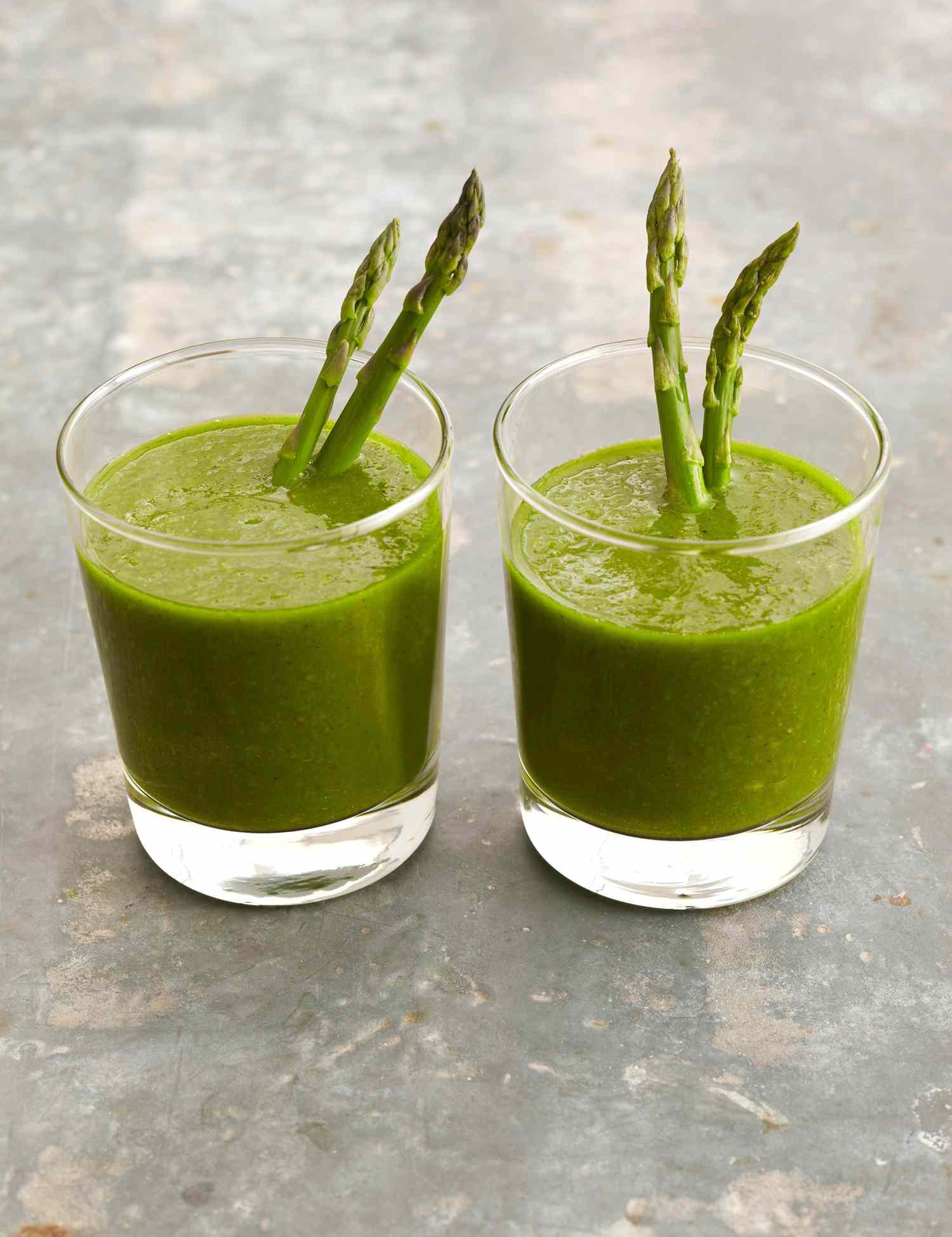 Spring Green Smoothies with asparagus garnish