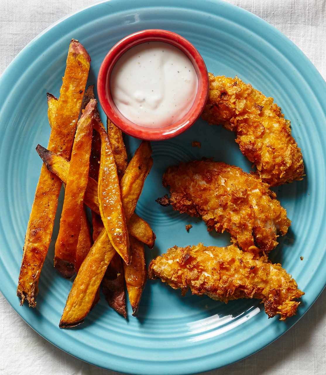 Breaded Chicken Strips and Sweet Potato Fries