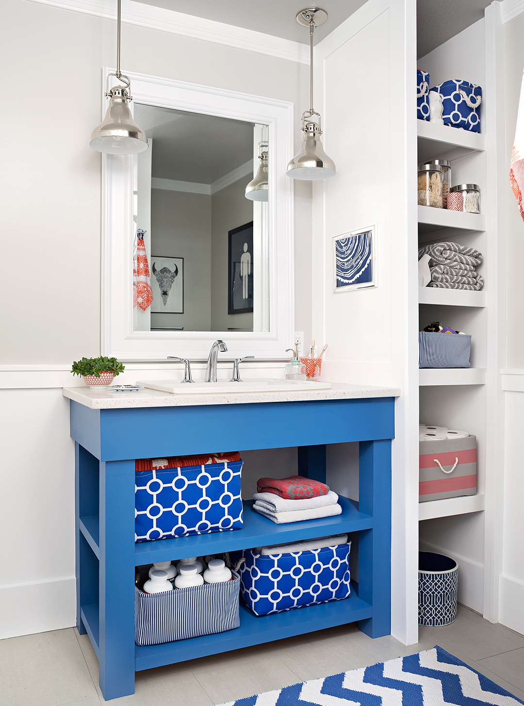 diy blue bathroom vanity with extra open shelving