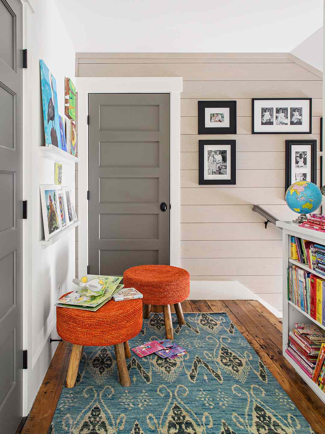 multitasking family home makeover hallway ottomans bookcases