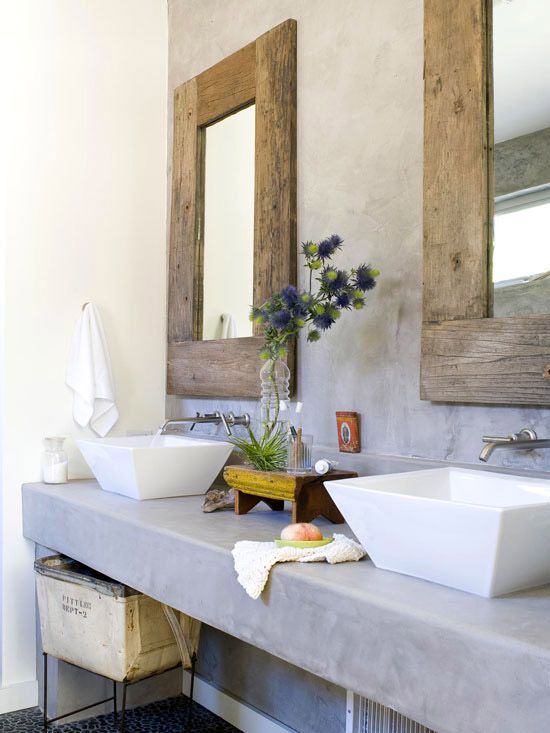 modern double vanity with vessel sinks and rustic mirrors
