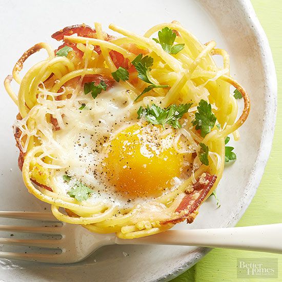 Eggs and Bacon Bucatini Nests
